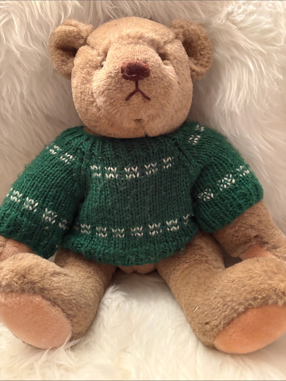 Balosky Stuffed  Bear Wearing A green knit  sweater. Oh